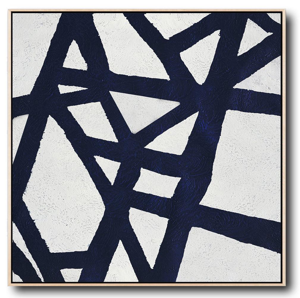 Buy Large Canvas Art Online - Hand Painted Navy Minimalist Painting On Canvas - Blue And Grey Abstract Art Large